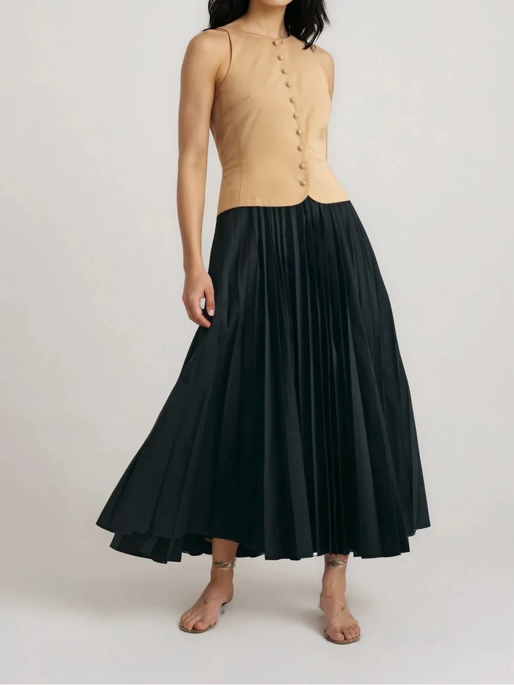Tanya Taylor Robbie Midi Pleated Skirt Dress in Tan & Navy Size 14